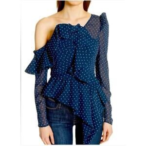 Self-Portrait Plumetis Frill One Shoulder Blouse Navy Blue Polka Dot